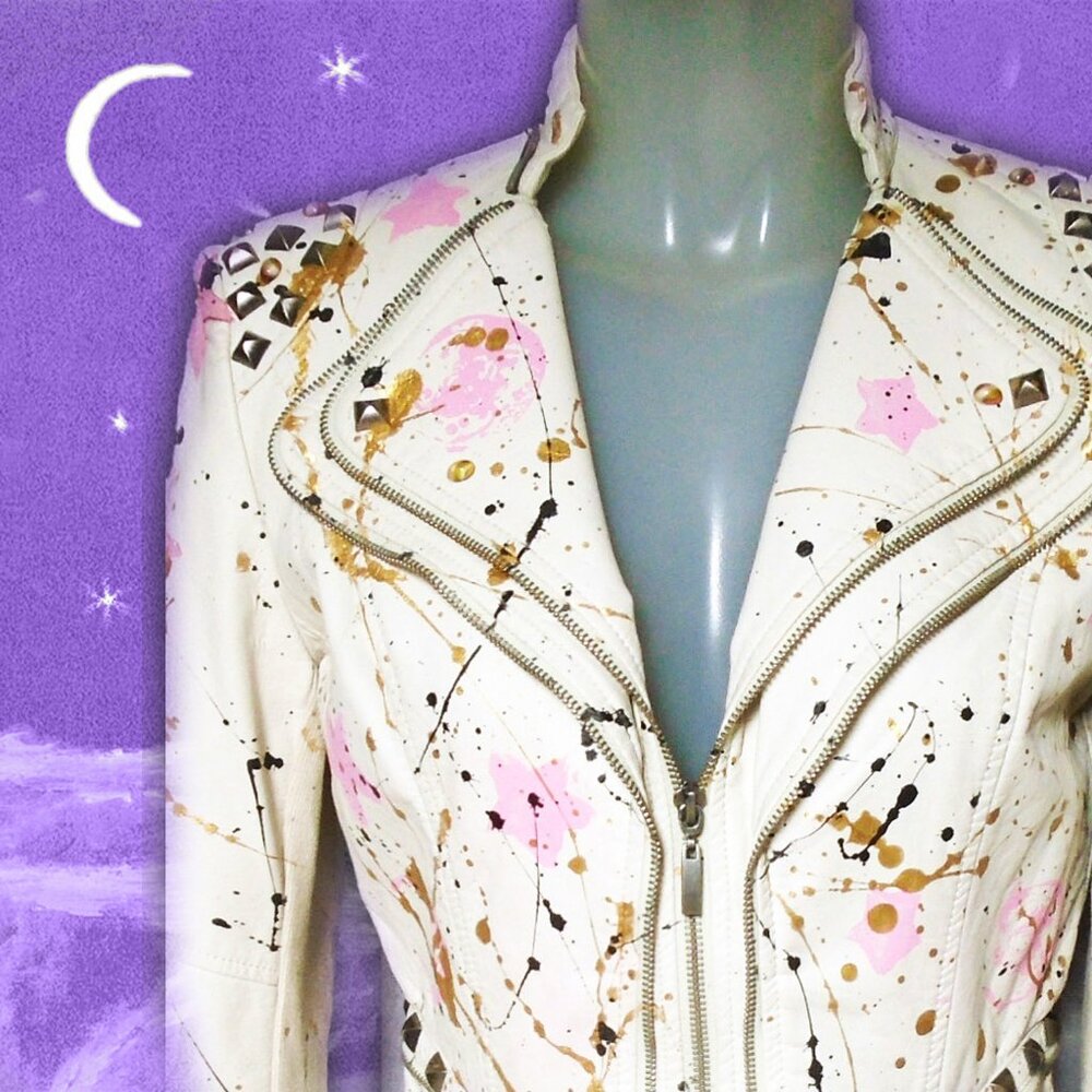 White Moto Jacket Celestial Pink Stars, Vegan Leather, Studs, Wearable Art
